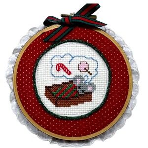 Handmade Christmas Ornament Cross Stitch Mouse Candy Cane Holiday Decor